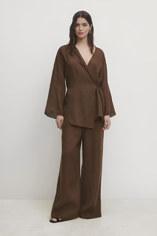 Chocolate Linen Wrap Top & Wide-Leg Pants Set