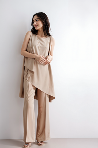 Beige Asymmetric Ruffle Tunic & Wide-Leg Pants