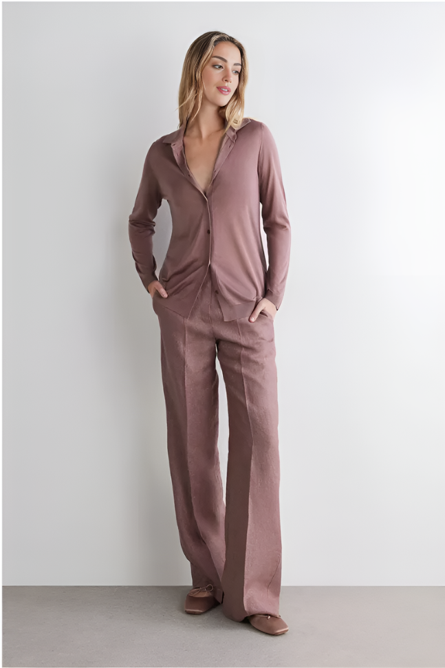 Mauve Button Shirt & Wide-Leg Pants Set