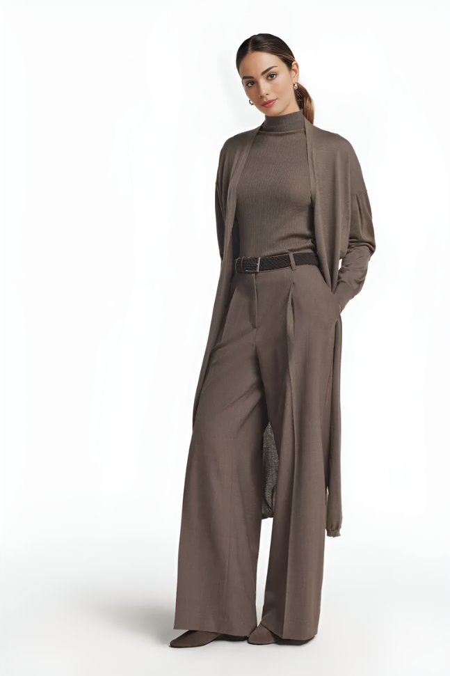 Taupe Longline Cardigan Turtleneck & Trouser Set