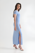 Sky Blue Side Piping Slit Maxi Dress