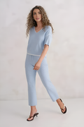 Powder Blue Knit V-Neck Top & Ribbed Pants Set