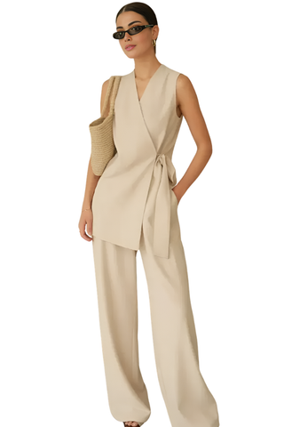 Cream Sleeveless Wrap Vest & Wide-Leg Pants Set