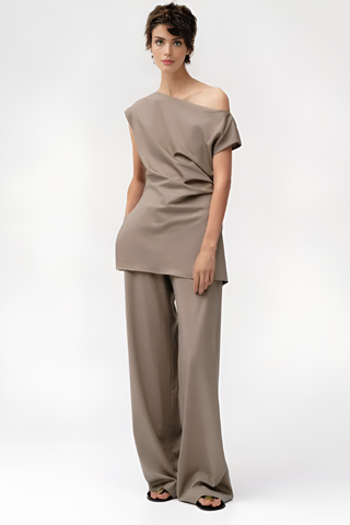 Taupe Off-Shoulder Draped Top & Wide-Leg Pants Set