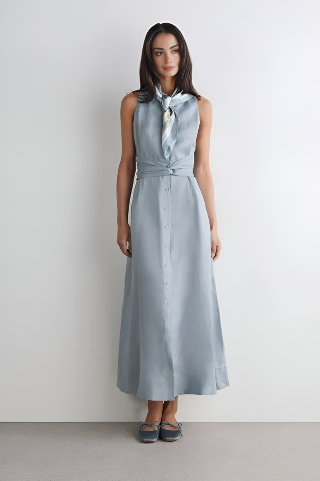 Dusty Blue Satin Button-Down Midi Dress