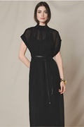 Black Sheer Yoke Belted Maxi Dress