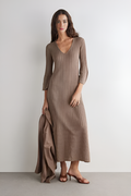 Camel Ribbed V-Neck Maxi Dress