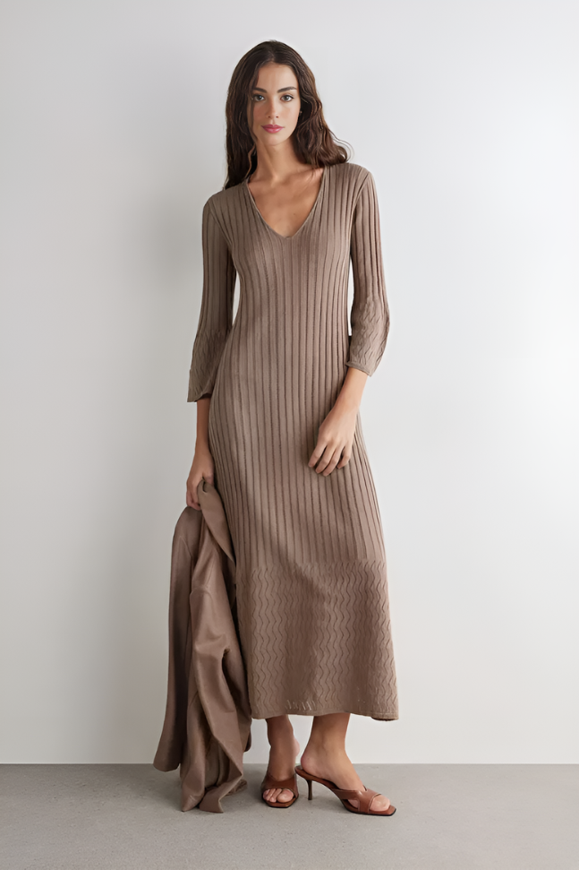 Camel Ribbed V-Neck Maxi Dress