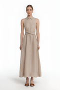 Beige Linen Sleeveless Shirt Maxi Dress
