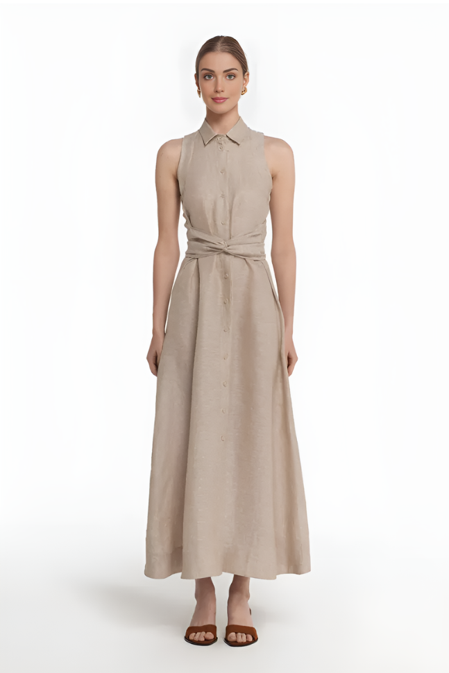 Beige Linen Sleeveless Shirt Maxi Dress