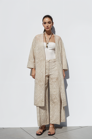 Beige Geometric Embroidered Kimono & Wide-Leg Pants