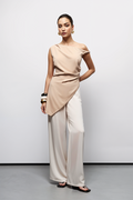 Nude One-Shoulder Asymmetric Top & White Wide-Leg Pants