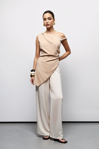 Nude One-Shoulder Asymmetric Top & White Wide-Leg Pants