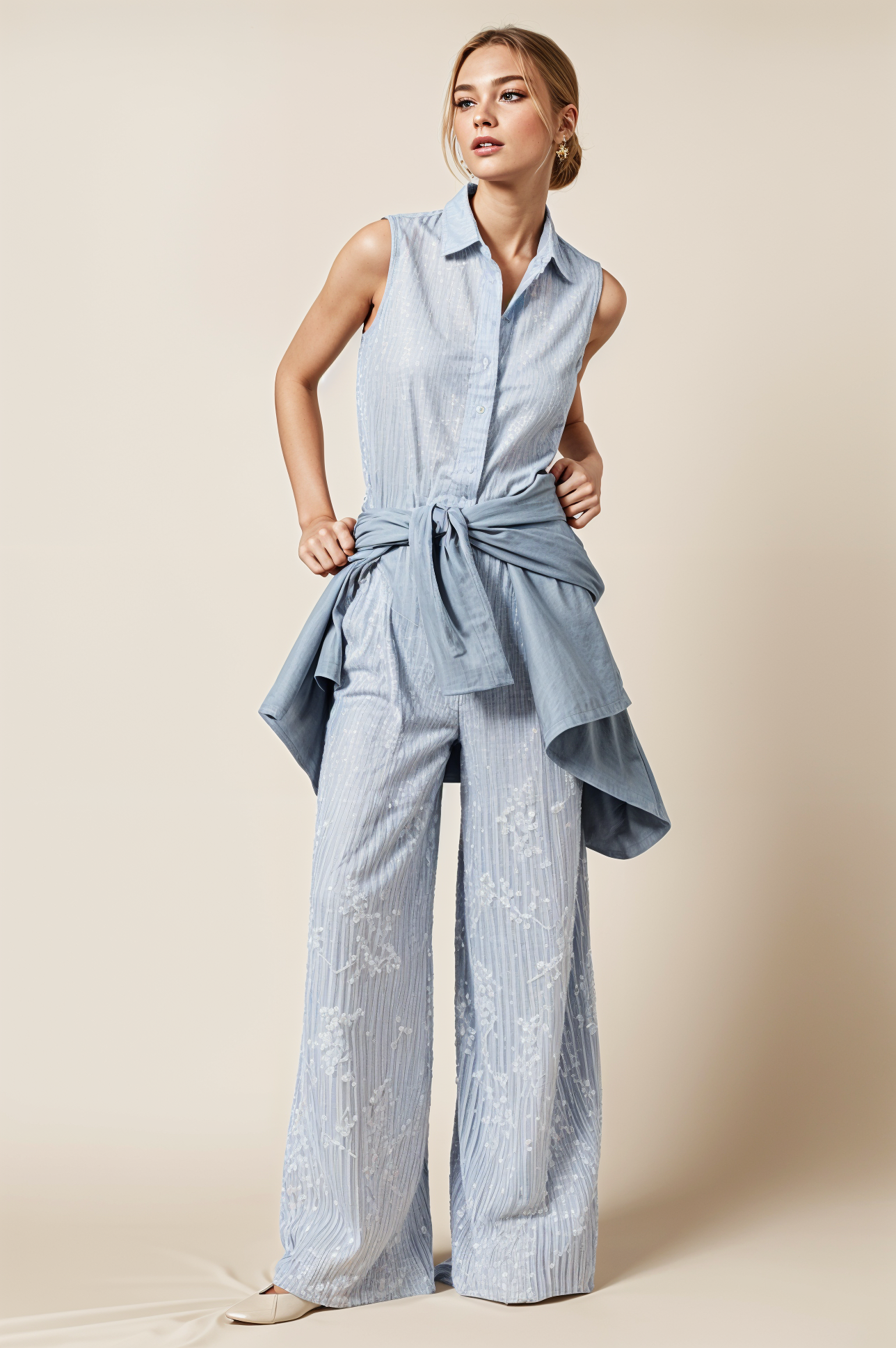 Blue Floral Sleeveless Shirt & Wide Leg Pants Set